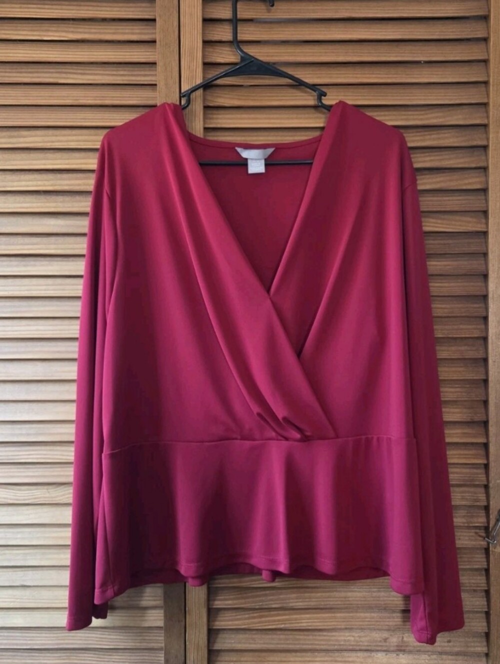 H&M Fuchsia Red Long Sleeve Faux Wrap Peplum Blouse Top US XL
